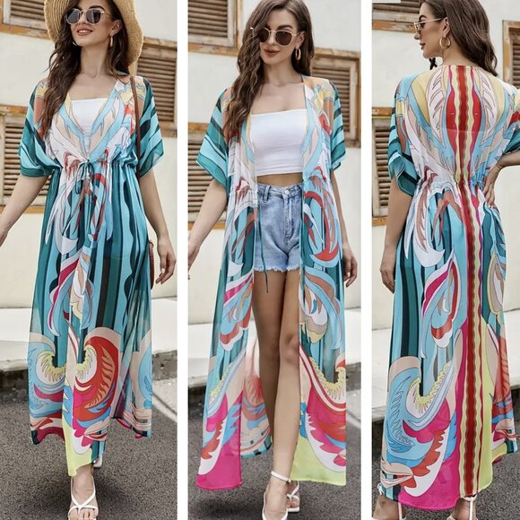 Colorful Open Beach Cover Up Maxi Duster Kimono XL - Picture 3 of 6